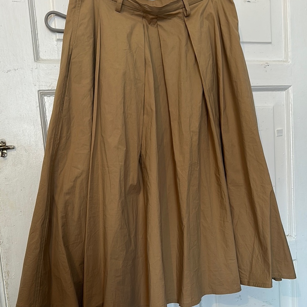I—Seventy Tan Midi A-Line Skirt with Pleated Tie Front